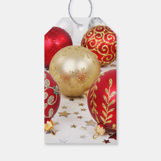 Gold Ornamenten, rode Ornamenten, Kerstmis, glitte Cadeaulabel (Achterkant)