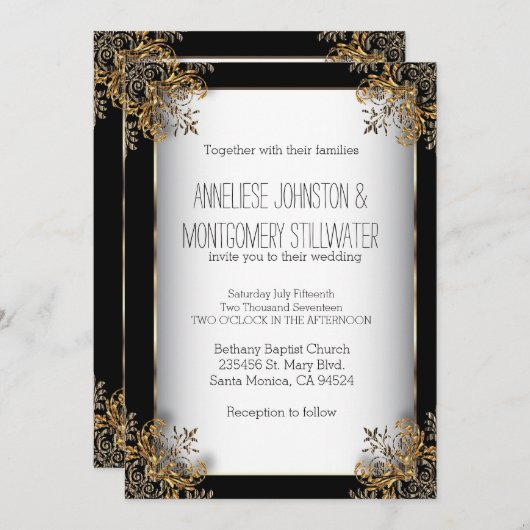 Gold Ornate Design sur Invitation Black & White (Devant / Derrière)