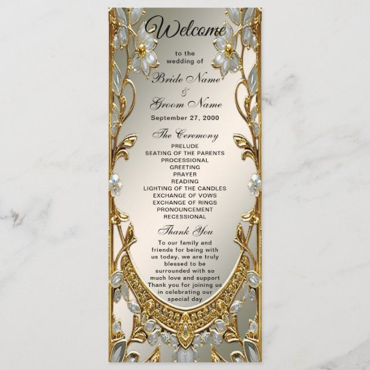 Gold Ornate White Floral Wedding Programme (Devant)