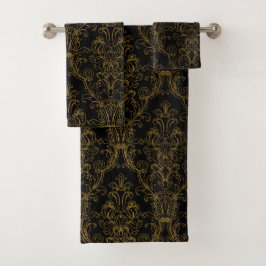 Gold Outline Black Floral Damask Bad Handdoek