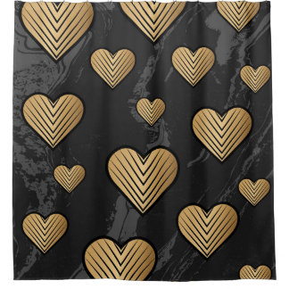 Gold Outline Hearts on Black Marble Texture Douchegordijn