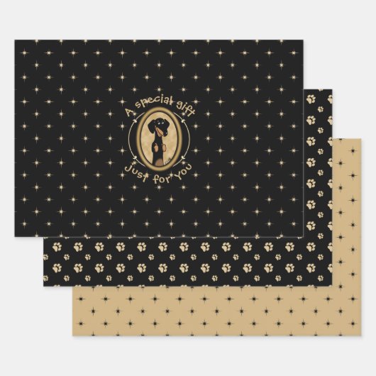 Gold Oval Dachshund Cartoon Portret (zwart-wit) Inpakpapier Vel (Set)