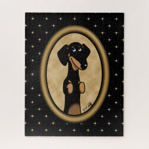 Gold Oval Dachshund Cartoon Portret (zwart-wit) Legpuzzel
