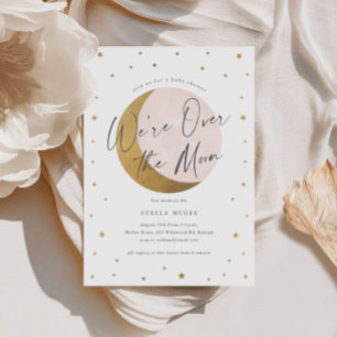 Gold Over the Moon Script Girls Baby shower Kaart