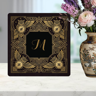 Gold Owl Compass Monogram Art Deco Ceramic Tile Tegeltje