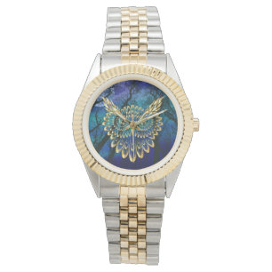 Gold Owl Face op woud 's nachts Horloge