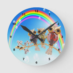 Gold Owls Jewels & Rainbow Clock Ronde Klok