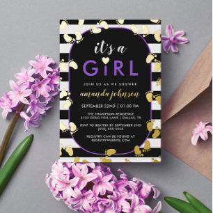 Gold Paars Black Het is een meisjesvoetafdruk Folie Uitnodiging