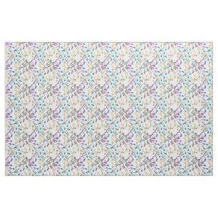Gold Paars Blue Muzieknoten Pattern White Fabric Stof