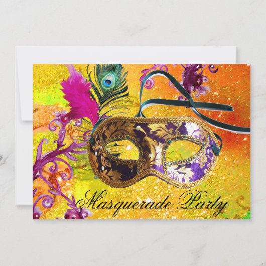GOLD PAARS DAMASK FEATHER MASK Masquerade Party Kaart (Voorkant)