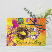 GOLD PAARS DAMASK FEATHER MASK Masquerade Party Kaart (Staand voorkant)