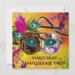 GOLD PAARS DAMASK FEATHER MASK Masquerade Party Kaart