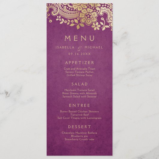 Gold paars elegant  huwelijksmenu menu (Voorkant)