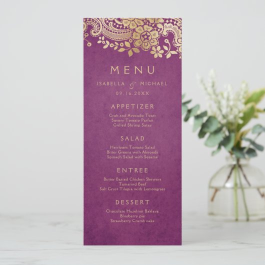 Gold paars elegant huwelijksmenu menu (Staand voorkant)