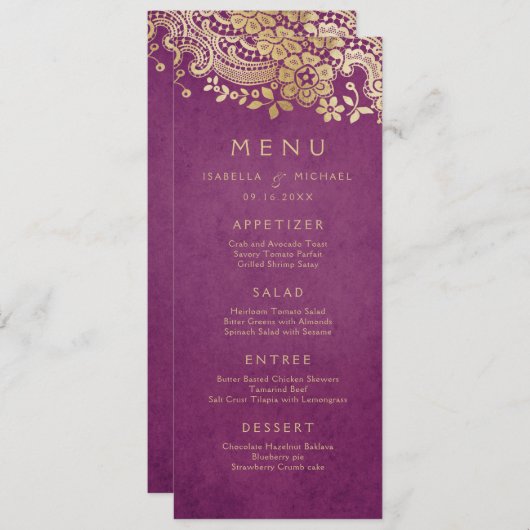 Gold paars elegant  huwelijksmenu menu (Voorkant / Achterkant)