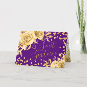 Gold Paars Sweet 16 Glitter Confetti Floral Feestdagen Kaart
