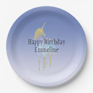 Gold Paarse Aqua Glitter Unicorn Papieren Bordje