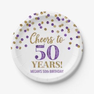 Gold Paarse Confetti tot 50 jaar verjaardag Papieren Bordje