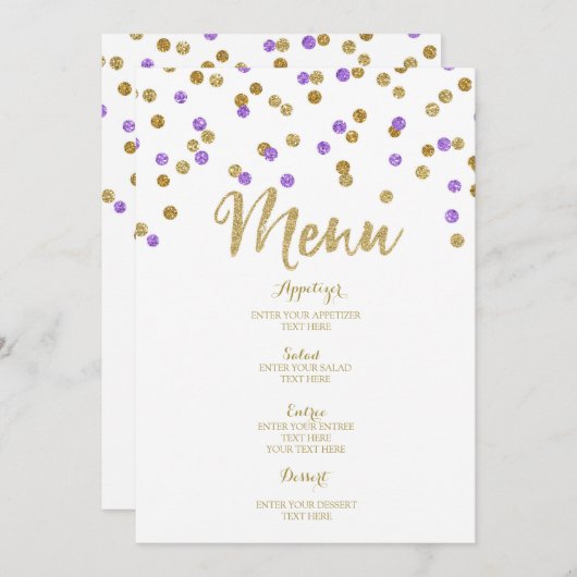 Gold Paarse Confetti Wedding Menu (Voorkant / Achterkant)