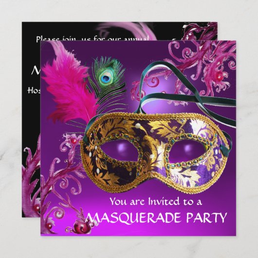 GOLD PAARSE FEATHER DAMASK MASK Masquerade Party Kaart (Voorkant / Achterkant)