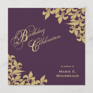 Gold Paarse Fleur de Lis Milestone Birthday Party Kaart