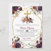 Gold Paarse Floral Baptism Invitation Kaart (Voorkant)