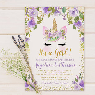 Gold Paarse Floral Unicorn Baby Shower-uitvindinge Kaart