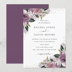 Gold Paarse Floral Waterverf Wedding Invite Kaart