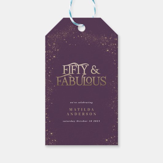 Gold paarse glitter 50 en geweldige verjaardagsfee cadeaulabel (Voorkant)