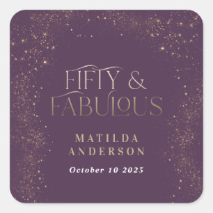 Gold paarse glitter 50 en geweldige verjaardagsfee vierkante sticker