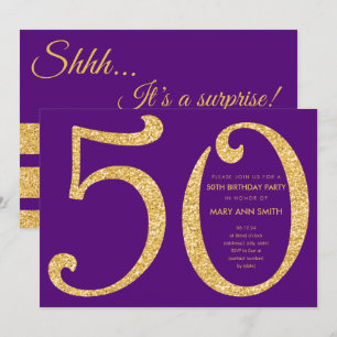 Gold Paarse Glitter Surprise 50th Birthday Party Kaart