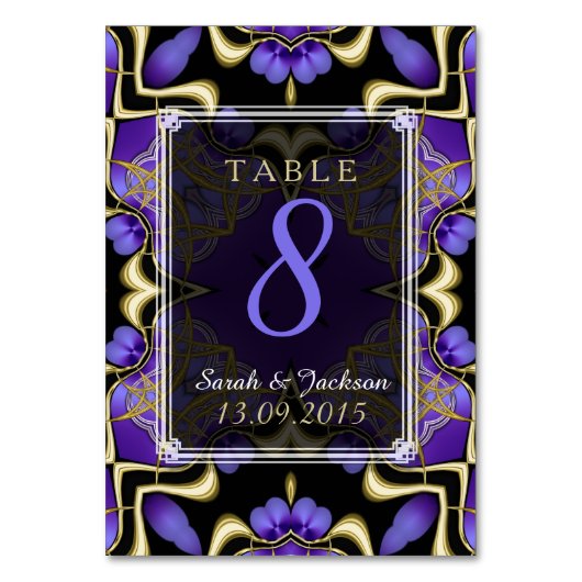 Gold Paarse satin Magic Wedding Table Number Kaart (Voorkant)