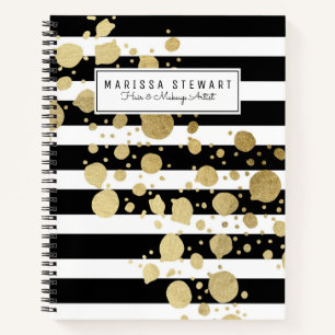 Gold Paint Splatter Black White Stripes Notitieboek