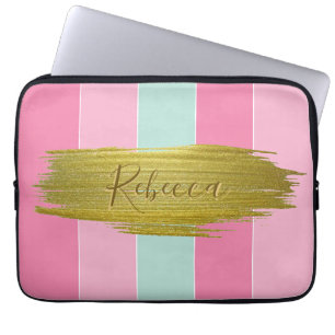 Gold Paint Stroke Colorful Mint Pink Stripes Laptop Sleeve