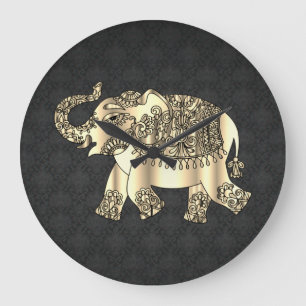 Gold Paisley Floral Elephant, Black Damask Grote Klok