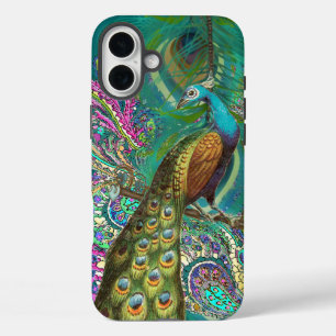 Gold Paisley Peacock & Feathers iPhone 16 Plus Hoesje