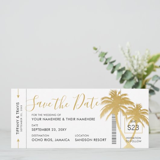 Gold Palm Boarding Pass Ticket Save the Date Card Aankondiging (Staand voorkant)