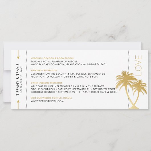 Gold Palm Boarding Pass Ticket Save the Date Card Aankondiging (Achterkant)