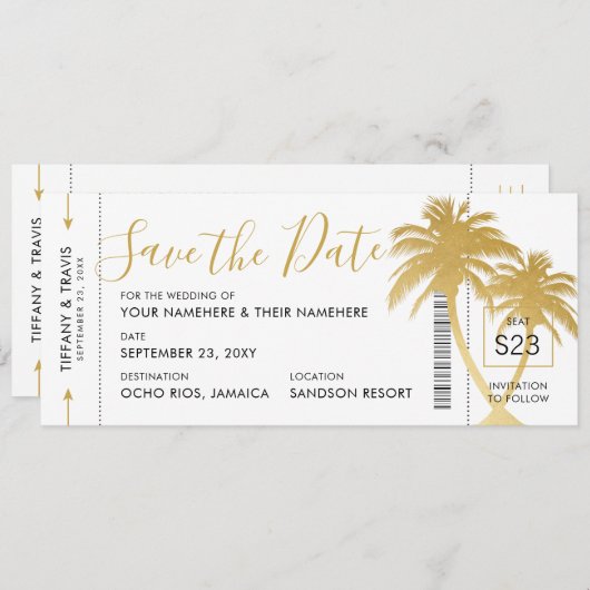 Gold Palm Boarding Pass Ticket Save the Date Card Aankondiging (Voorkant / Achterkant)