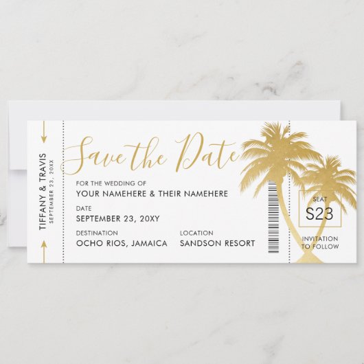 Gold Palm Boarding Pass Ticket Save the Date Card Aankondiging (Voorkant)