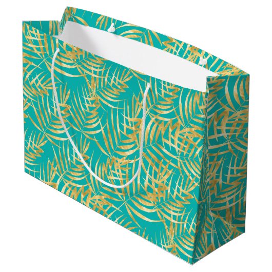 Gold Palm Leaves op Turquoise Groot Cadeauzakje (Achterkant Gekanteld)