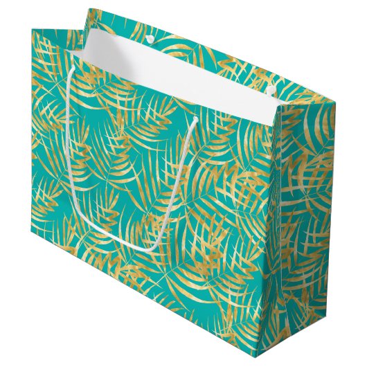 Gold Palm Leaves op Turquoise Groot Cadeauzakje (Voorkant Gekanteld)