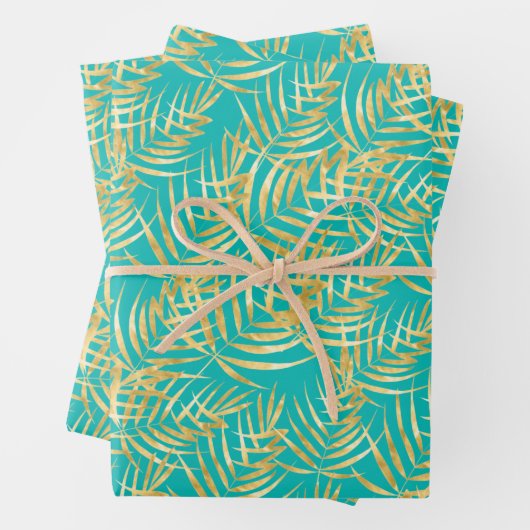 Gold Palm Leaves op Turquoise Inpakpapier Vel (In situ)