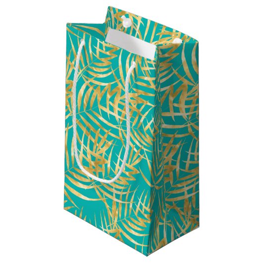 Gold Palm Leaves op Turquoise Klein Cadeauzakje (Voorkant Gekanteld)