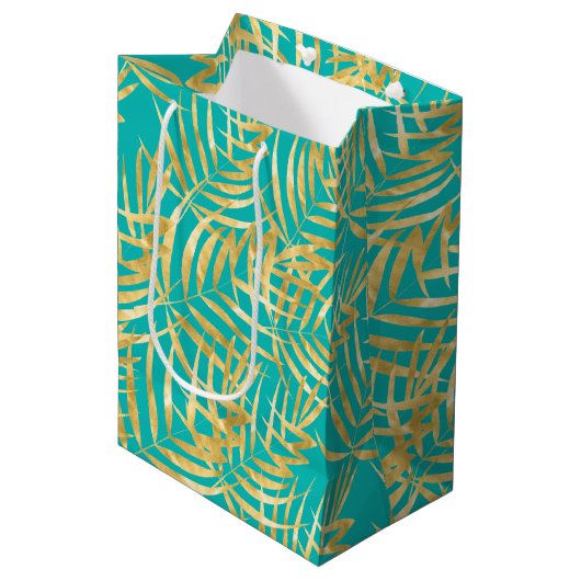 Gold Palm Leaves op Turquoise Medium Cadeauzakje (Voorkant Gekanteld)