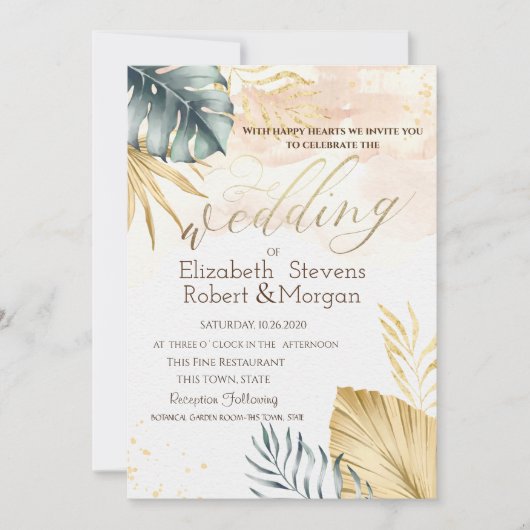 Gold Palm Plage Feuille Mariage Invitation (Devant)