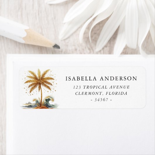 Gold Palm Tree and Waves Retouradres Etiket (Insitu)