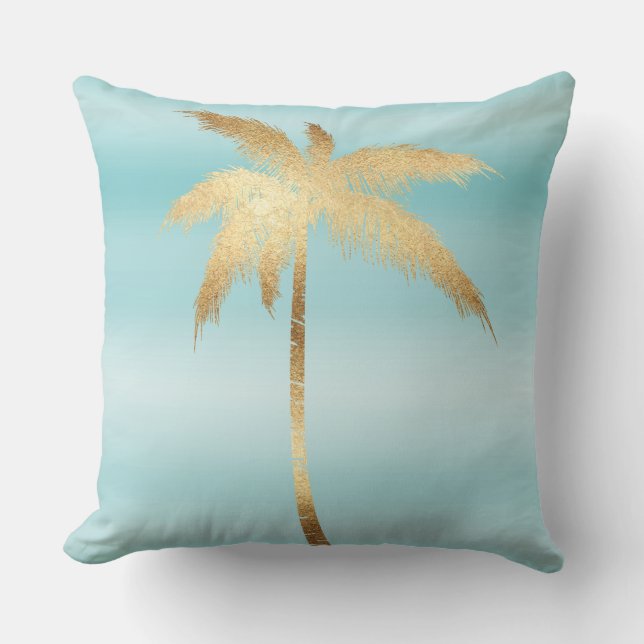 Gold Palm Tree Aqua Ombre Kussen (Voorkant)