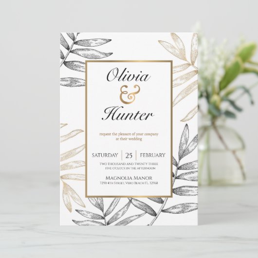 Gold Palm Tropical Destination Mariage Invitation (Debout devant)