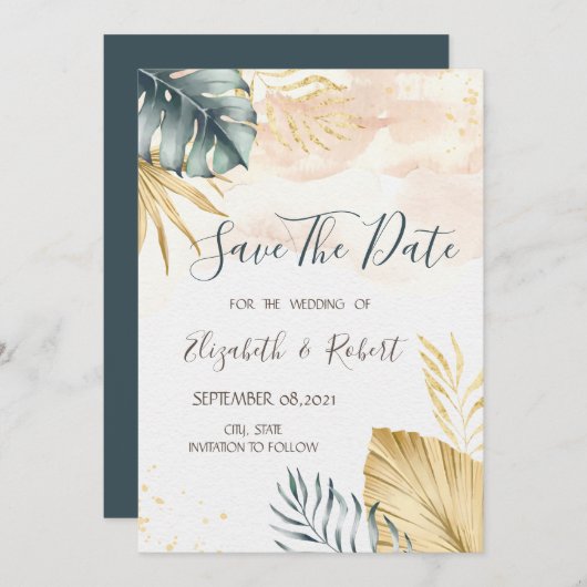 Gold Palm verlaat Waterverf op datum opslaan Save The Date (Voorkant / Achterkant)
